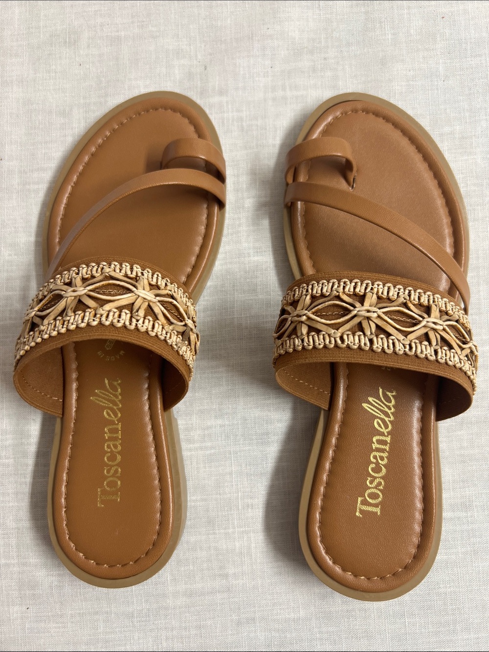 🌞 Toscanella Made in Itally Brown Cream decor Braided Flat Slide Sandals women 6